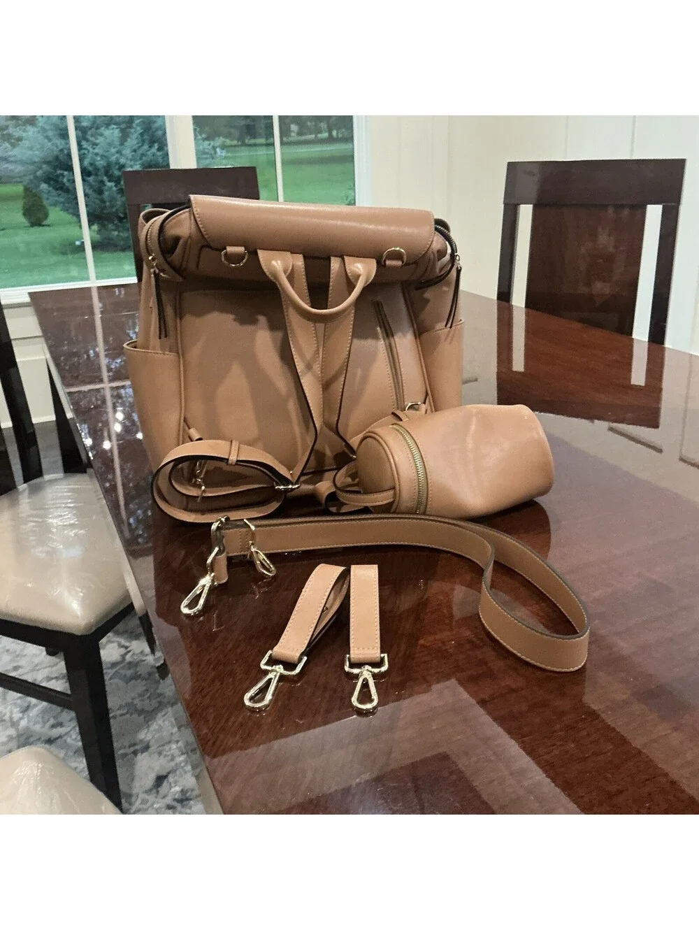 MIA + SOPHIA Tan Microfiber Leather Diaper Backpack w/ USB, Insulated Pockets